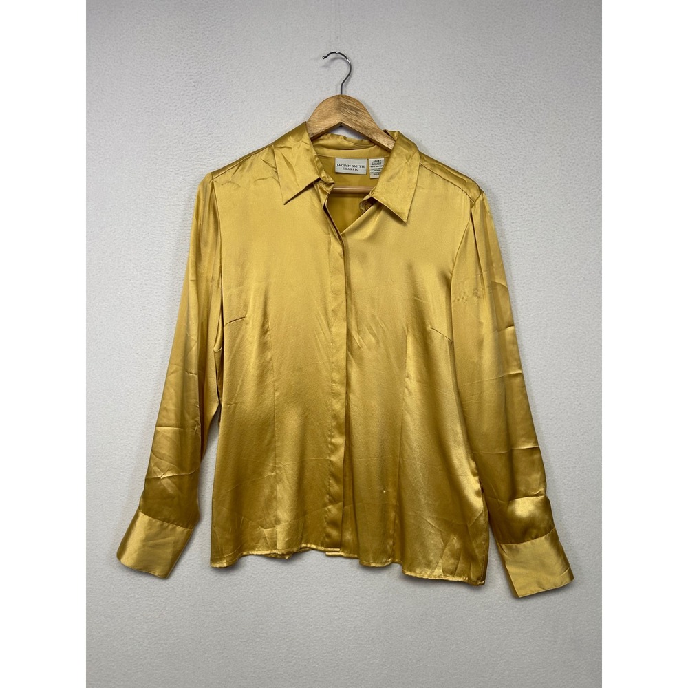 Minimalist Elegant Jaclyn Smith Womens Large Gold 100% Silk Satin Button Blouse